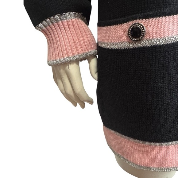 Vintage couture BLEYLE Merino wool cardigan black pink metallic silver large - Picture 4 of 15